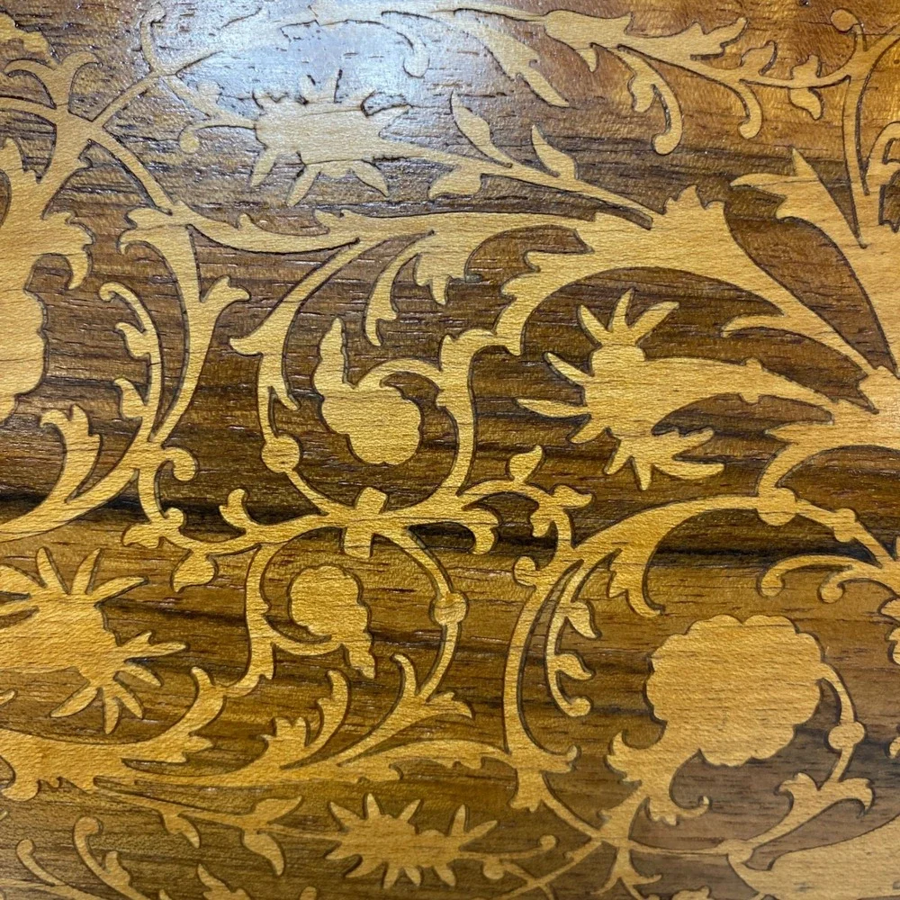 VTG Wooden Jewelry Trinket Box Intricate Floral Inlay Hinged Lidded Compartments